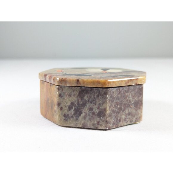 Vintage marble inlaid trinket box, octagonal alabaster green brown stone box, - Picture 4 of 8